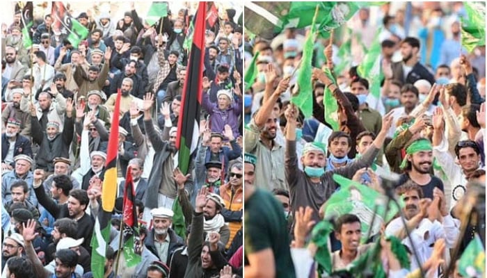 Workers of PPP (left) and PML-Q attend their parties’ rallies. — X/@pmln_org/@MediaCellPPP/File