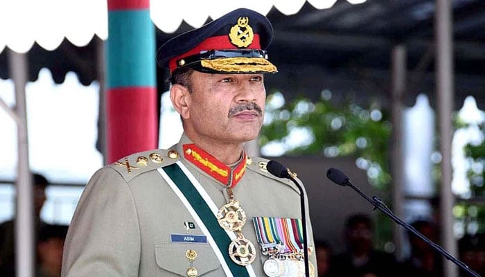 Chief of Army Staff General Asim Munir delivers a speech at the passing out parade of the 147th long course of the Pakistan Army at the military academy in Kakul on April 29, 2023. — ISPR