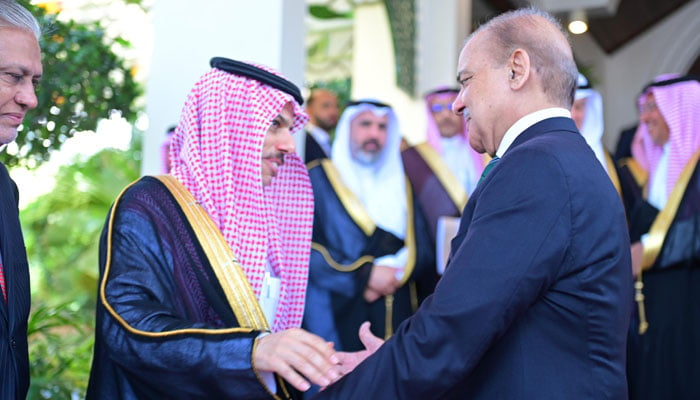 Prime Minister Shehbaz Sharif meets Saudi Arabia's Foreign Minister Prince Faisal bin Farhan Al Saud in Islamabad on Tuesday, April 16, 2024. — PMO