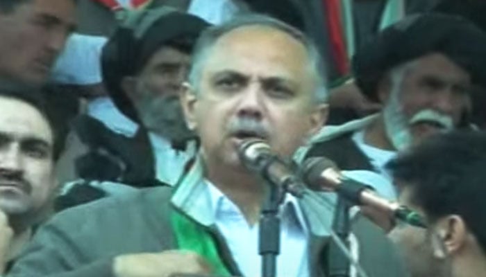 PTI General Secretary Omar Ayub Khan speaks during a political rally in Pishin on April 13, 2024, in this still taken from a video. — YouTube/Geo News Live