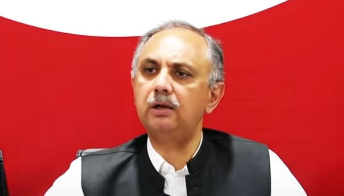 PTI Central General Secretary Omar Ayub Khan addresses a press conference in Islamabad on April 16, 2024, in this still taken from a video. — YouTube/Hum News