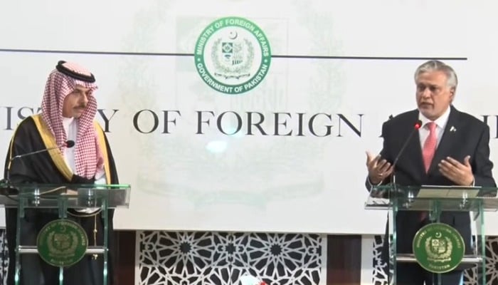 Foreign Minister Ishaq Dar (right) and his Saudi counterpart Prince Faisal bin Farhan bin Abdullah address the joint press conference in Islamabad on April 16, 2024. — Geo News